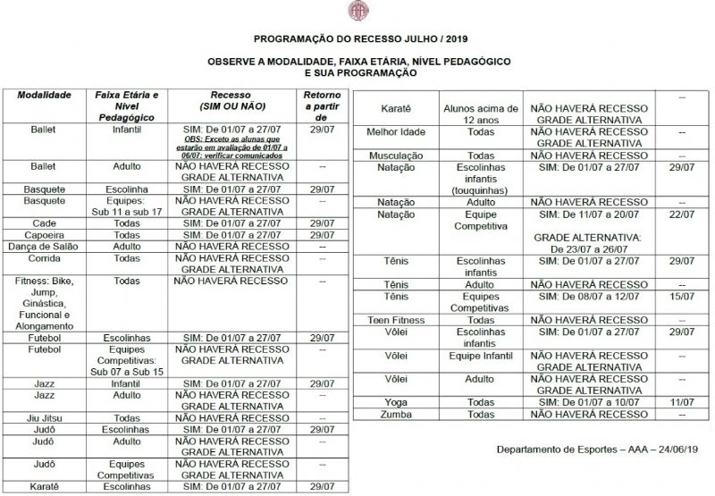RECESSO DE JULHO/2019 E GRADE ALTERNATIVA
