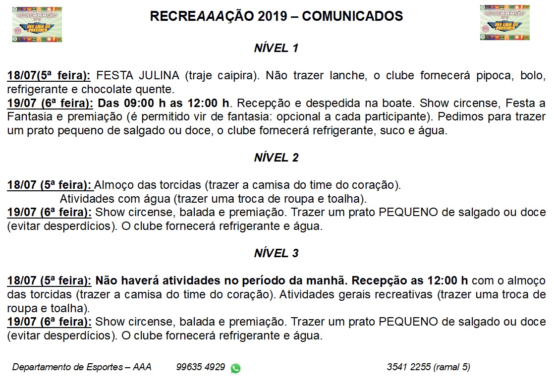 RECREAAAÇÃO 2019 - COMUNICADOS NÍVEIS 1, 2 E 3
