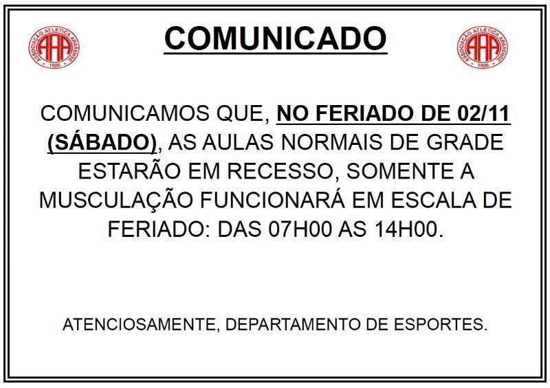 COMUNICADO - NÃO HAVERÁ AULA DIA 02/11